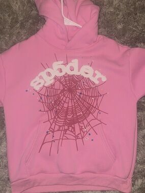 Pink Pullover Hoodie with Spiderweb Graphic